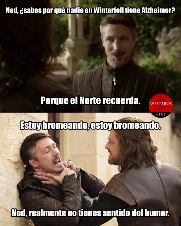 Lord Baelish le cuenta un chiste a Ned Stark 
