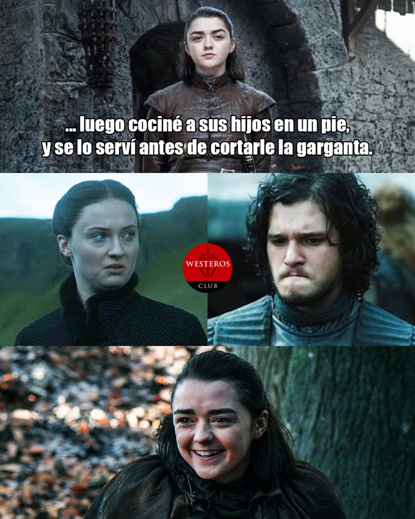 Arya contando sus acciones a Sansa y Jon