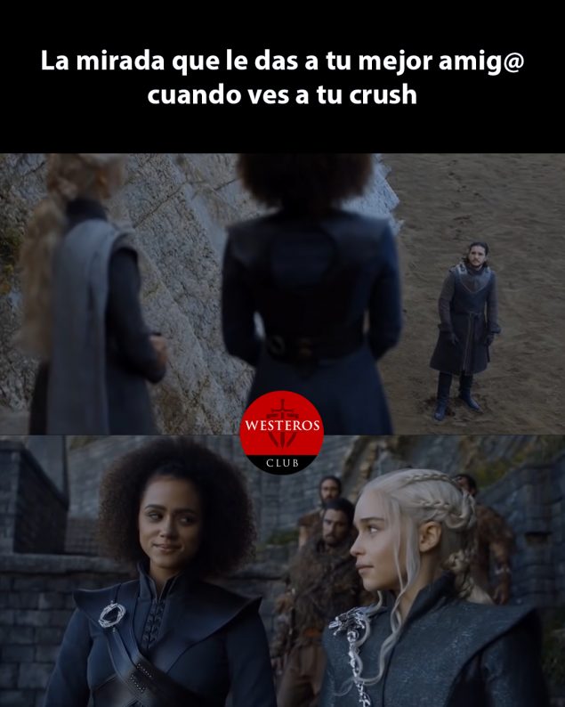 Daenerys y Missandei mirando emocionadas a Jon 