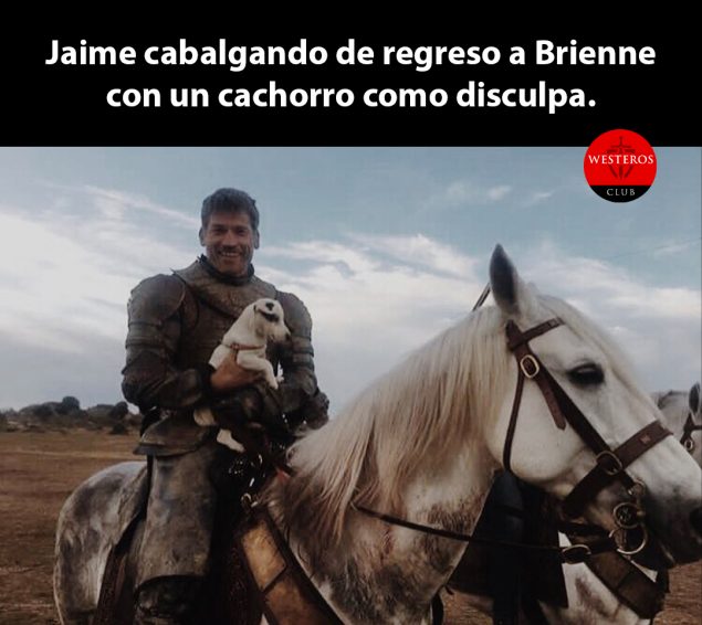 Jaime pidiendo disculpas a Brienne con un cachorro 